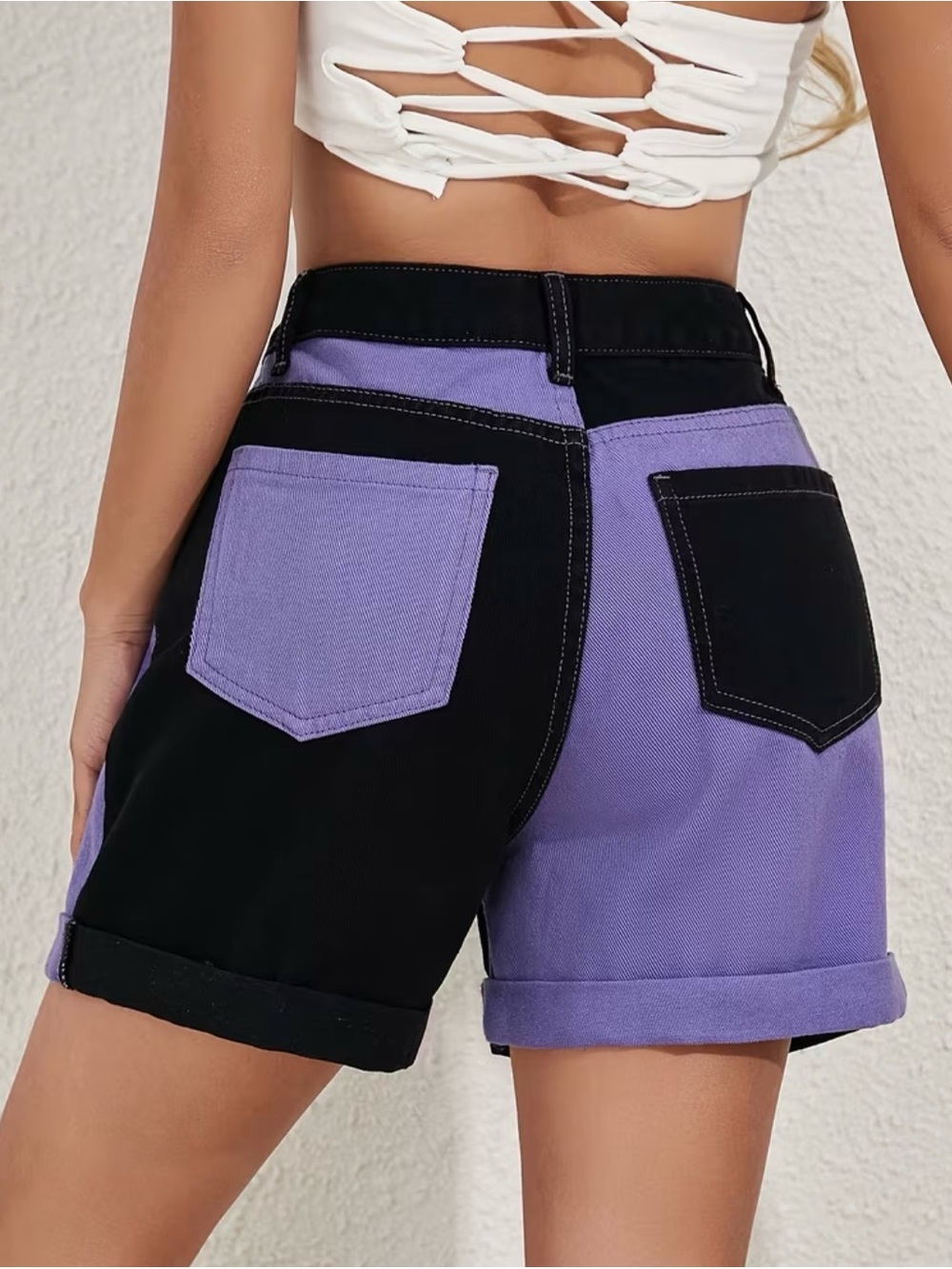 New Two-Tone Black and Lavender High-Waist Denim Shorts
